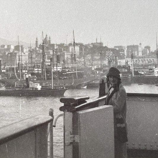 Antique 1925 Young Woman Boards Cruise Ship OOAK Stereoview Photo Card P3257