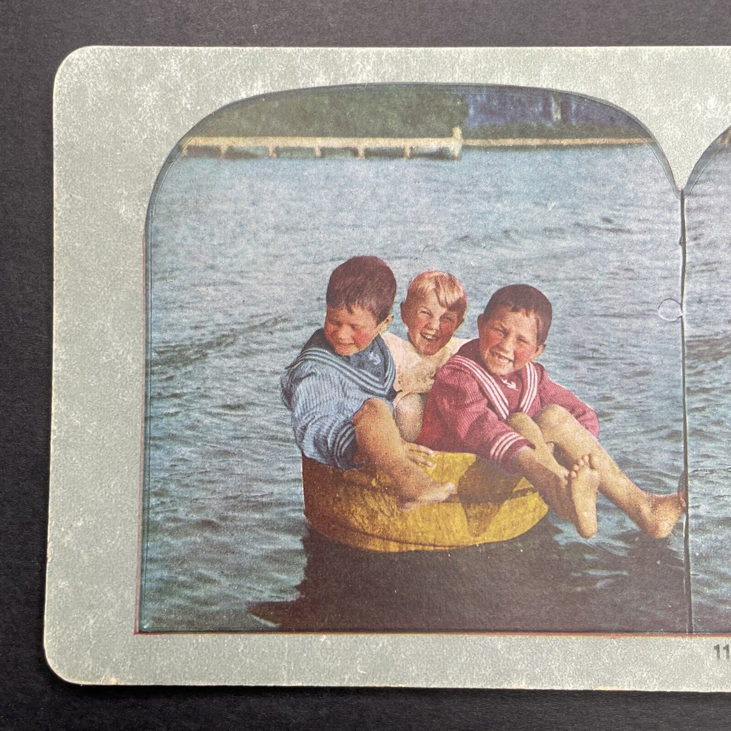 Antique 1898 Boys In A Wash Bucket Boat Stereoview Photo Card P580-040