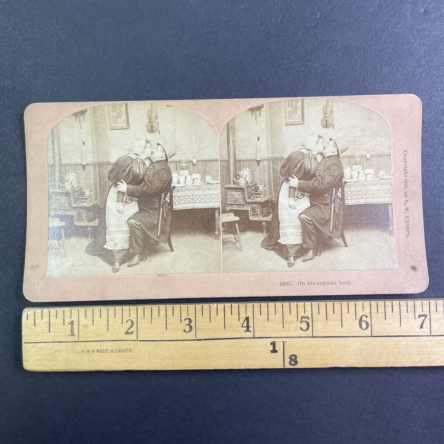 Police Officer Kisses a Woman While Working Stereoview Antique c1899 Y1209