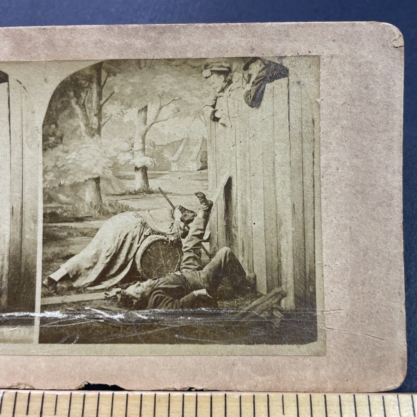 Antique 1870s Man Is Pushed Off Of Fence Stereoview Photo Card P4096