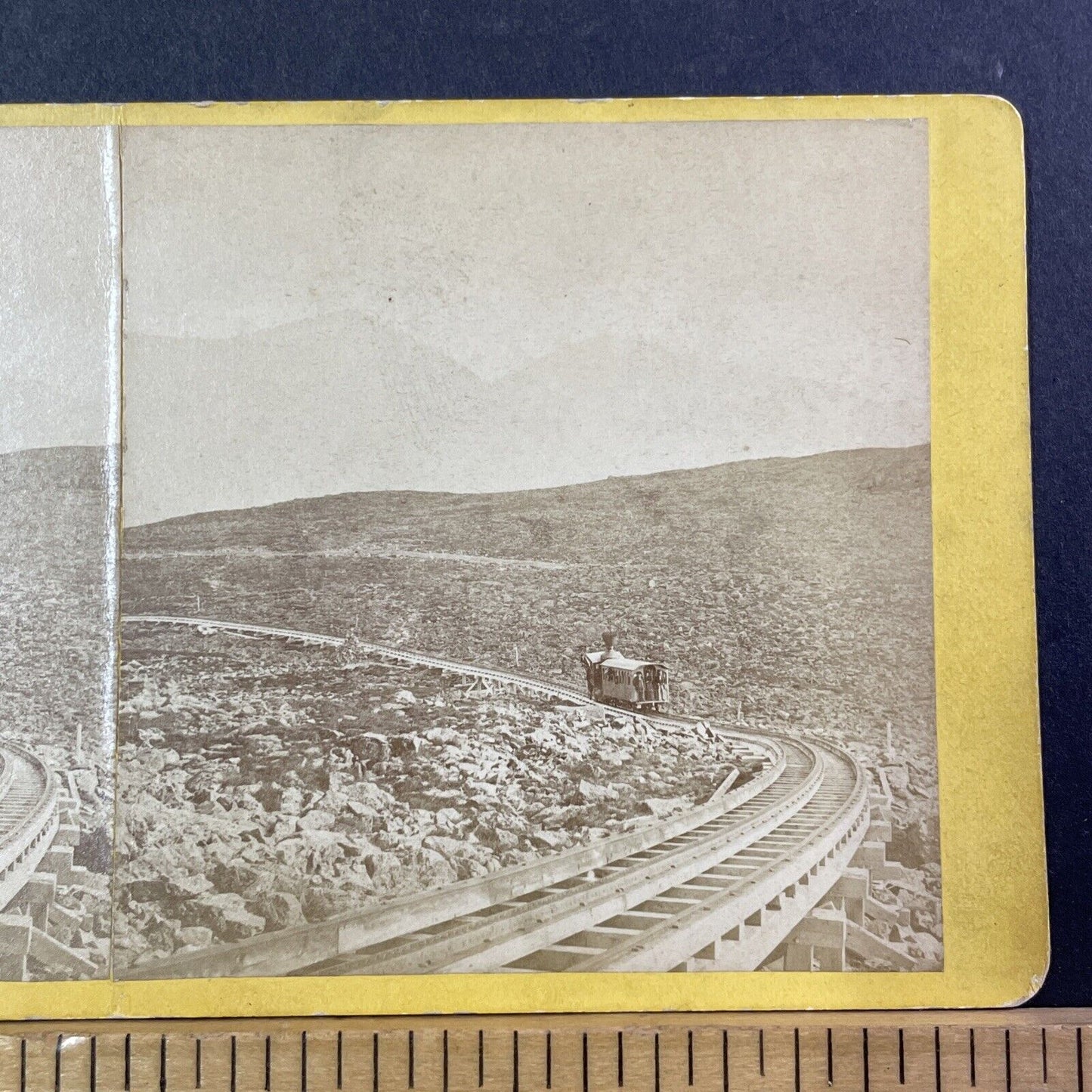 Mount Washington First Passenger Train Trip Stereoview Antique c1868 X914 *BENT*