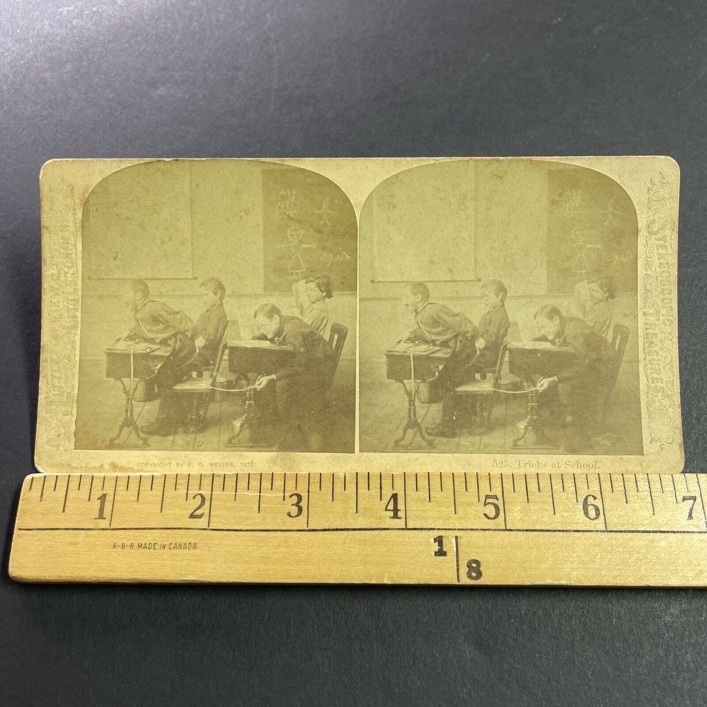 Antique 1870s Boys Put A Tack On Students Chair Stereoview Photo Card P4041