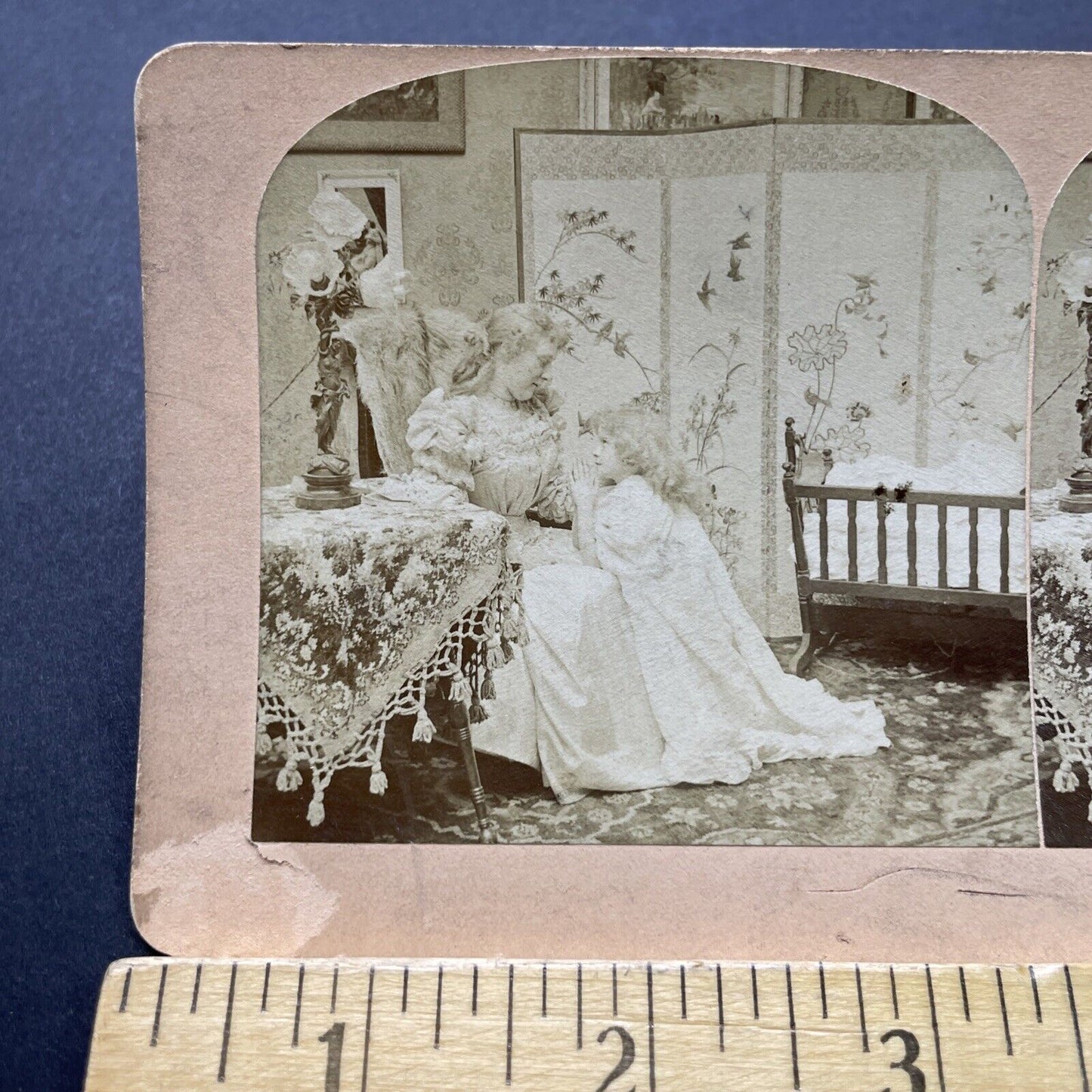 Antique 1897 Child Says The Lords Prayer Before Bed Stereoview Photo Card P2519