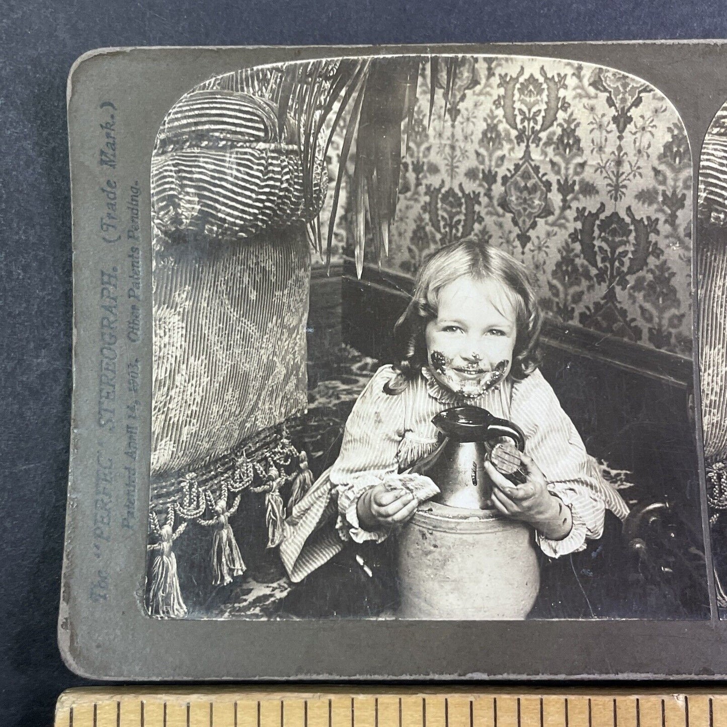 Child Eats Molasses Straight from the Jug Stereoview Antique c1902 Y1248