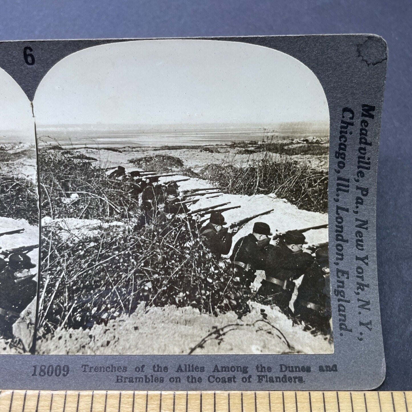 Antique 1918 Beglian Soldiers Defend A Trench WW1 Stereoview Photo Card P2783