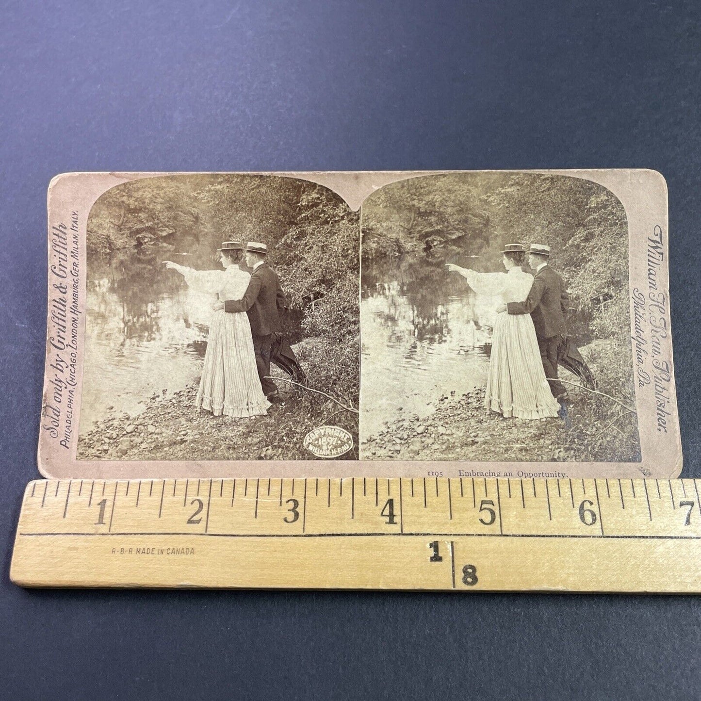 Antique 1897 Man Flirts With Woman At Pond Lake Stereoview Photo Card P3449