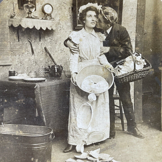 Antique 1901 Woman Breaks Dishes During Kiss Stereoview Photo Card P2684