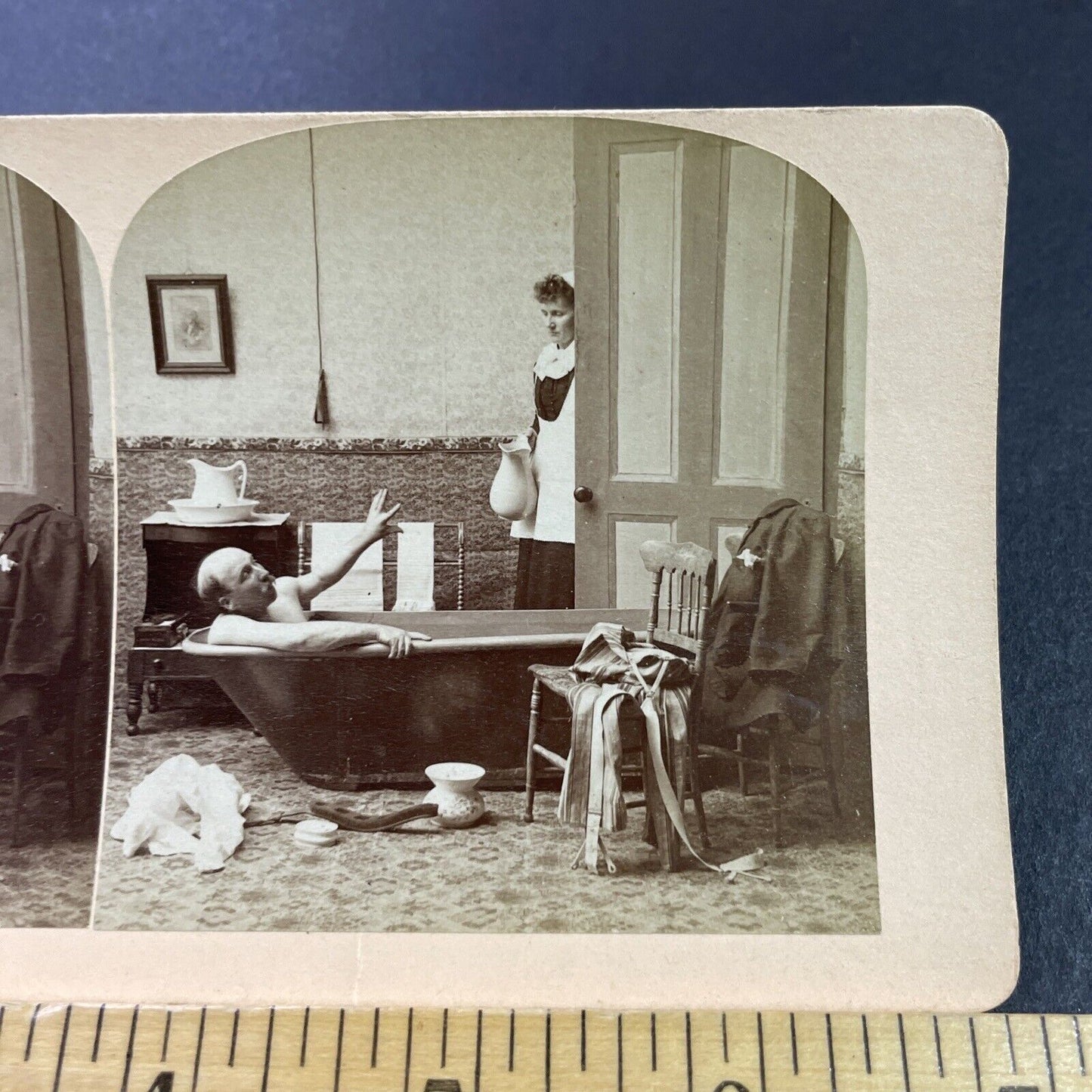 Antique 1880s Maid Barges In On Naked Man In Tub Stereoview Photo Card P3994