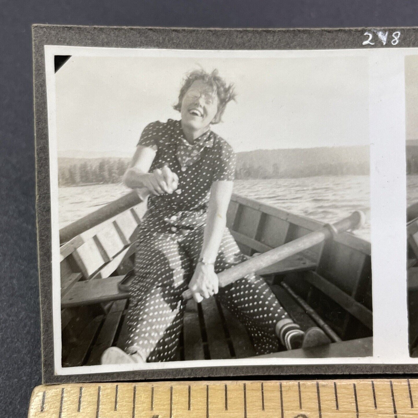 Vintage 1940 Laughing Beautiful Woman In Rowboat Stereoview Photo Card P503