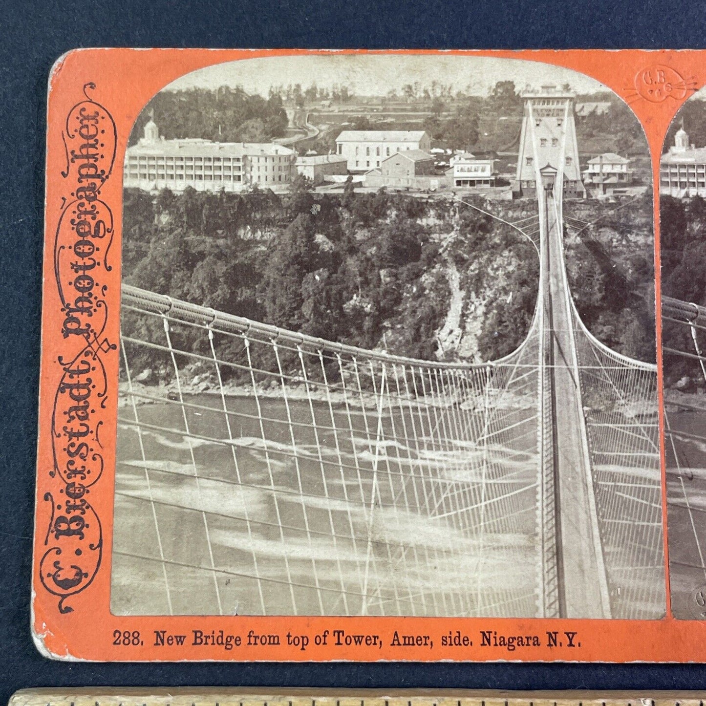 New Suspension Bridge Niagara Falls Stereoview Charles Bierstadt c1870s Y2215