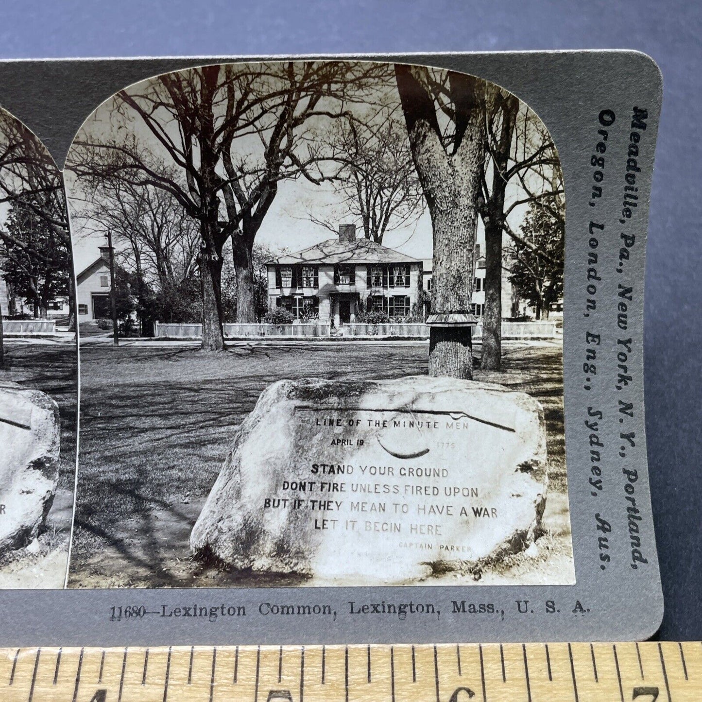 Antique 1909 Minute Man Stone Lexington MA Stereoview Photo Card P2472