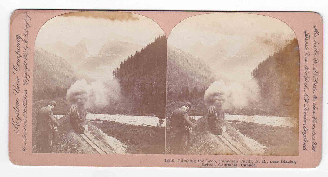 Antique 1898 Canadian Pacific Rail Road Coal Train Rogers Pass Stereo Card P122