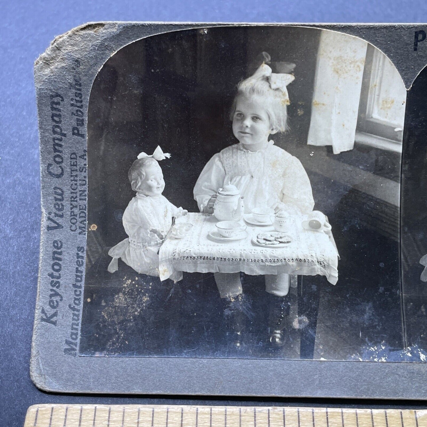 Antique 1900s Child Has A Tea Party With Doll Stereoview Photo Card P2615