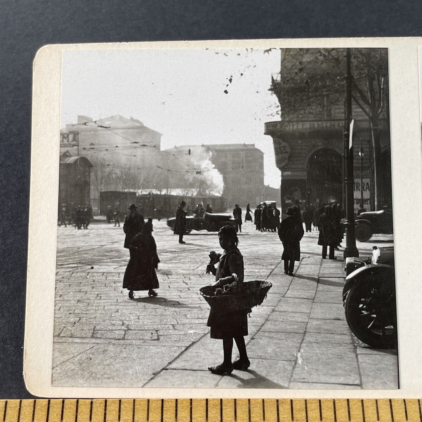 Antique 1925 Child Selling Flowers Turin Italy OOAK Stereoview Photo Card 3225