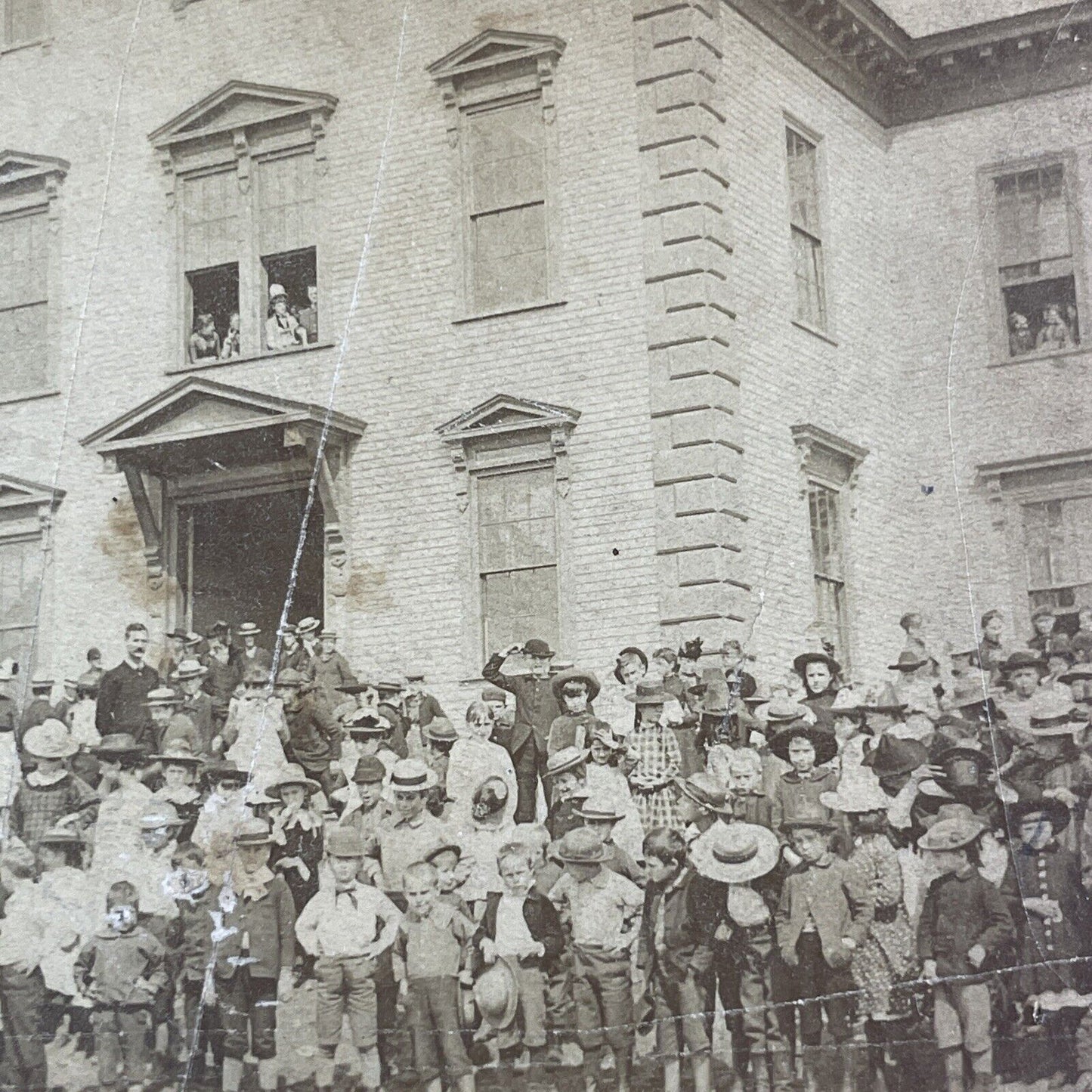 Teachers And Children In Front Of Victorian School Stereoview Antique 1887 X3132