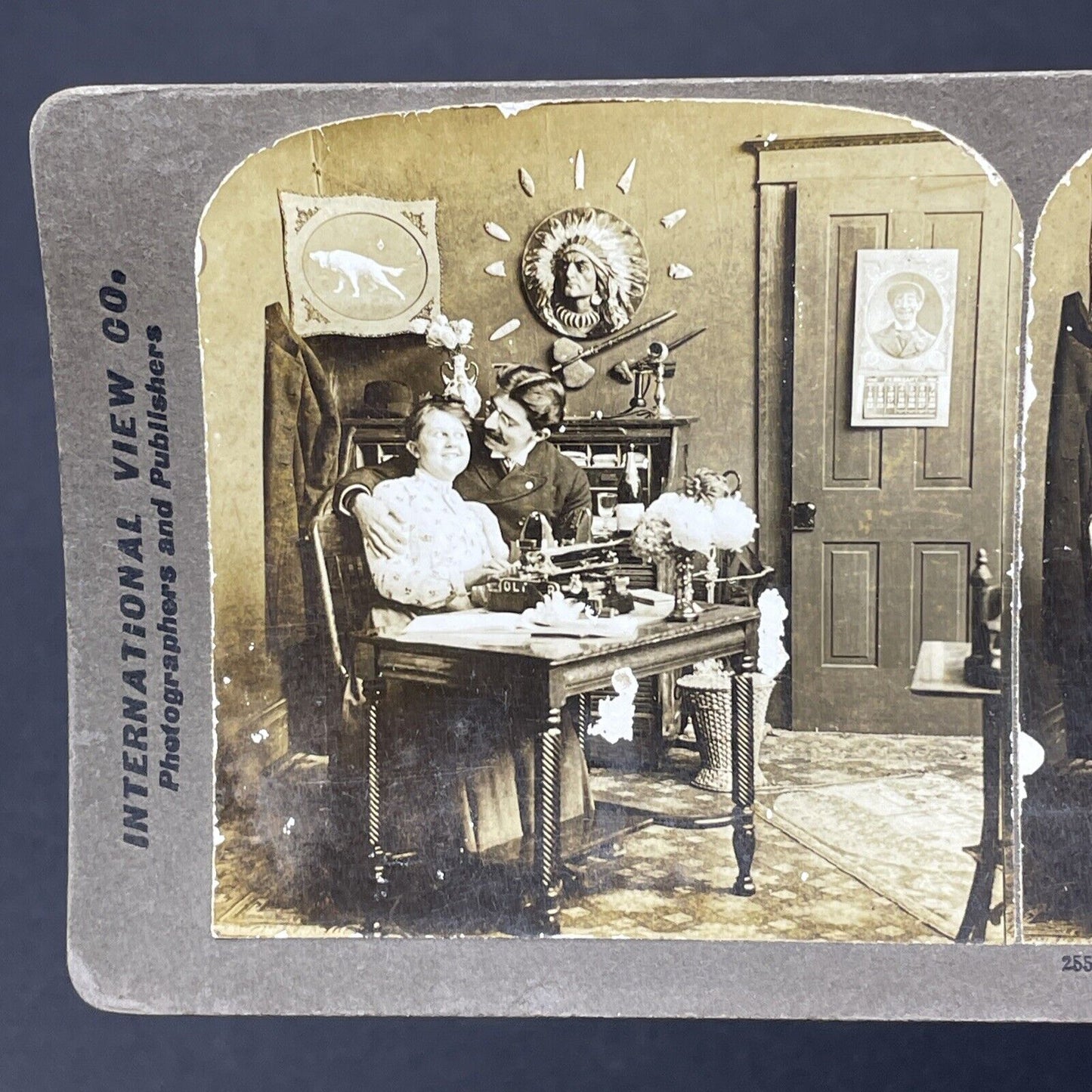 Antique 1903 Man Flirts With His Office Secretary Stereoview Photo Card P1805