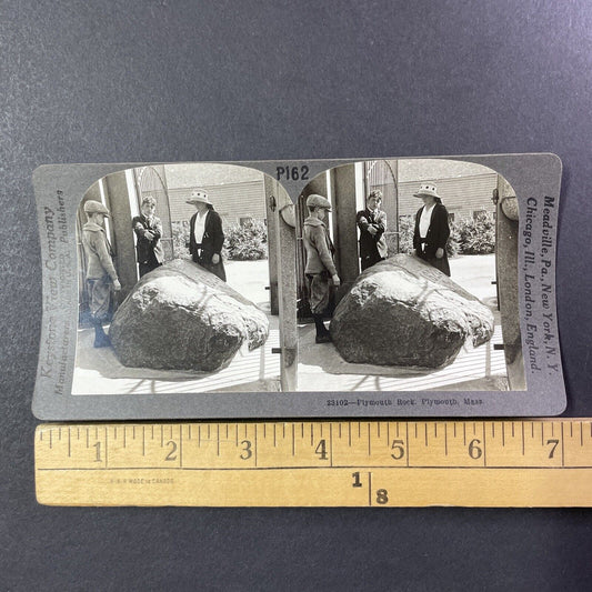 Children Stand Beside Plymouth Rock Stereoview Massachusetts c1920s Y990