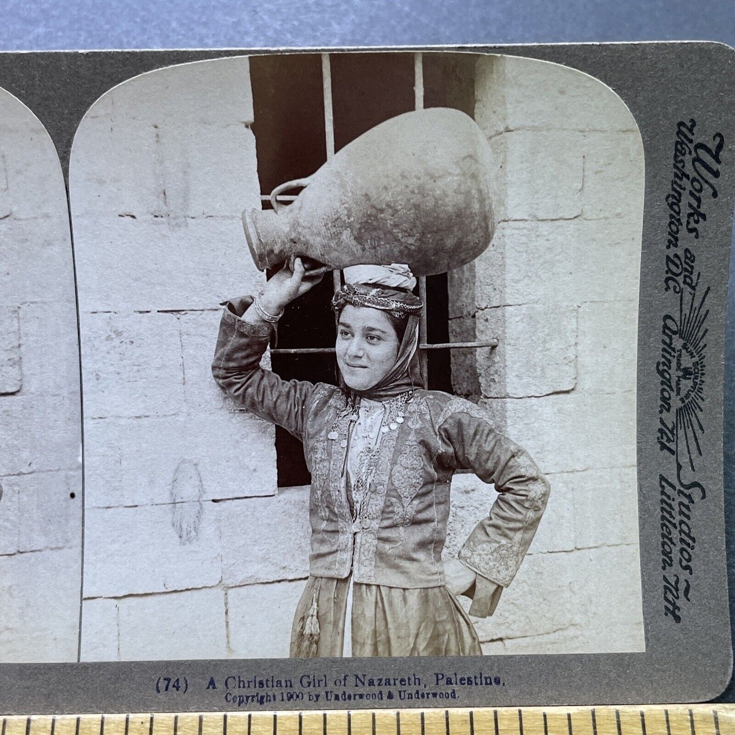 Antique 1900 Woman Carrying Jug On Her Head Israel Stereoview Photo Card P1981