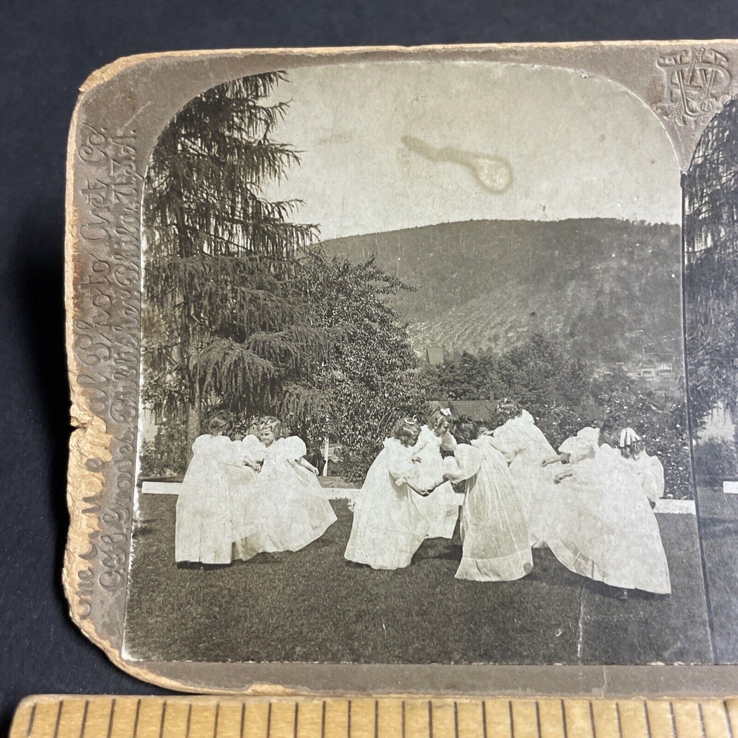 Antique 1890s Children Dance In All-White Dresses Stereoview Photo Card P4286