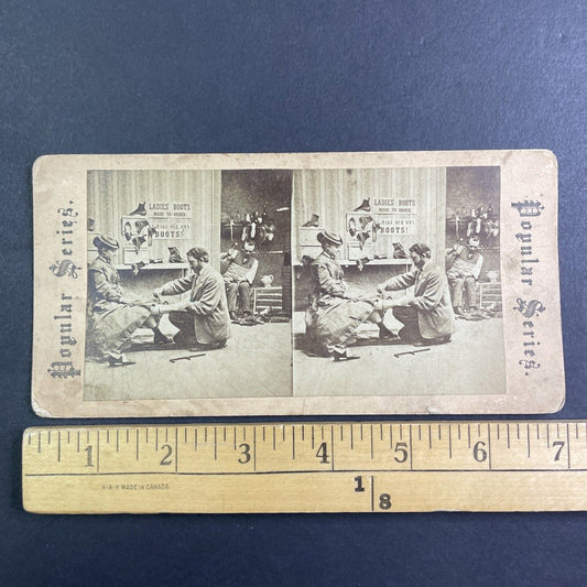 Shoemaker Man Measures Woman's Foot Stereoview Antique c1870s Y1208