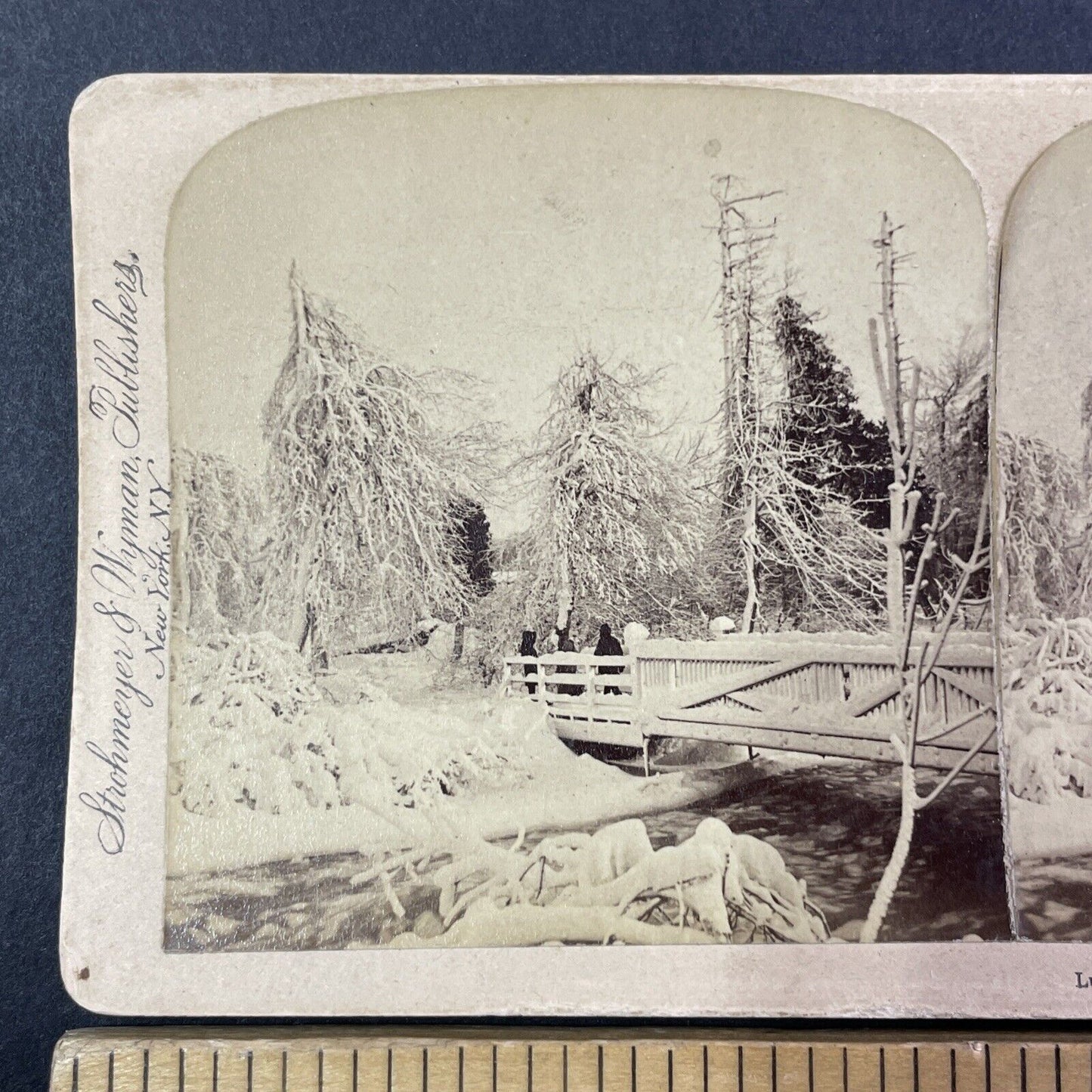 Luna Island Bridge Heavy Snow Stereoview Strohmeyer Antique c1893 Y1778