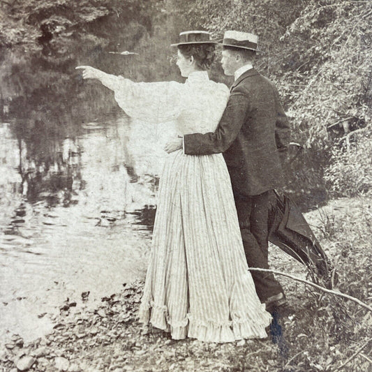 Antique 1897 Man Flirts With Woman At Pond Lake Stereoview Photo Card P3449