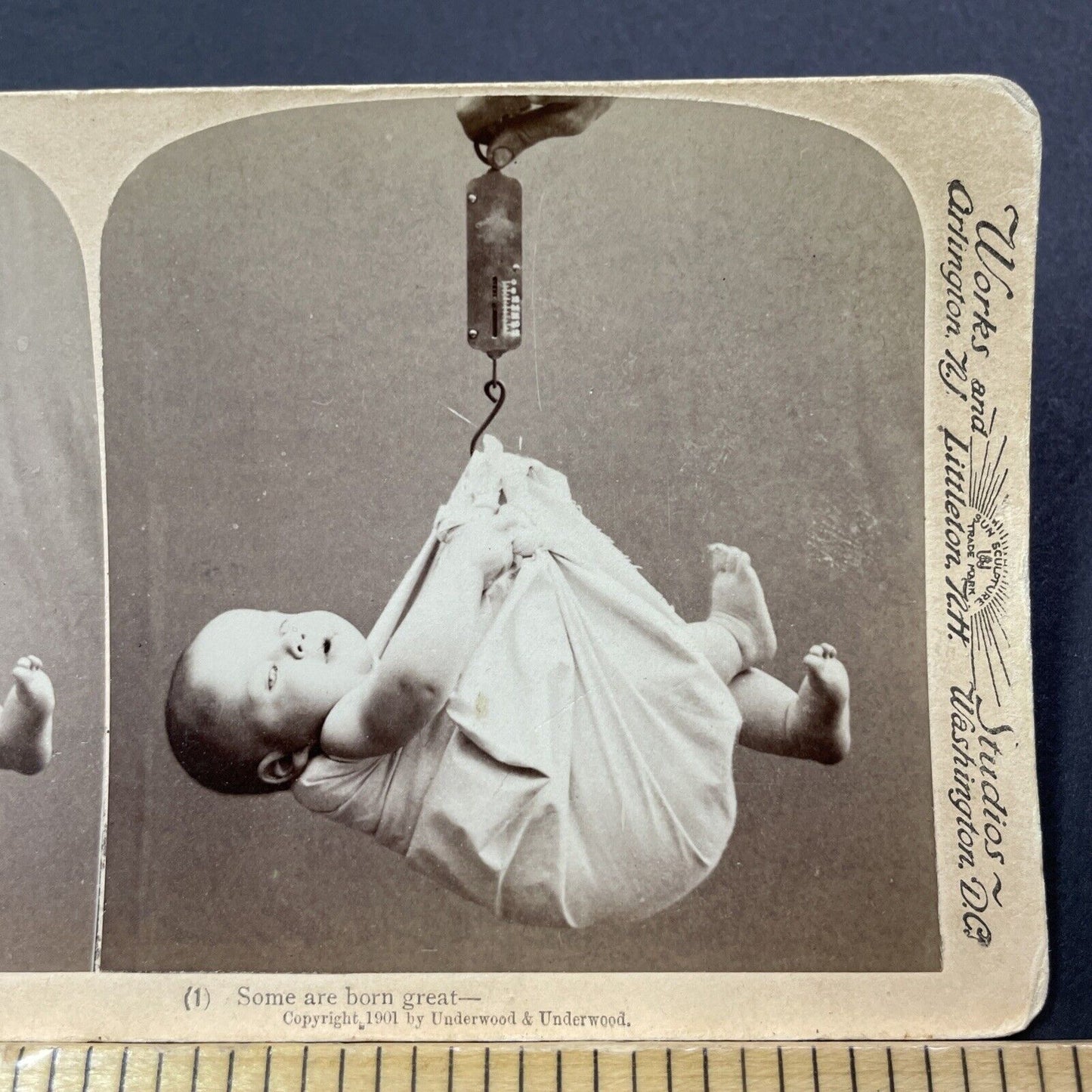 Antique 1901 Fish Scale Used To Weigh Newborn Baby Stereoview Photo Card V3294