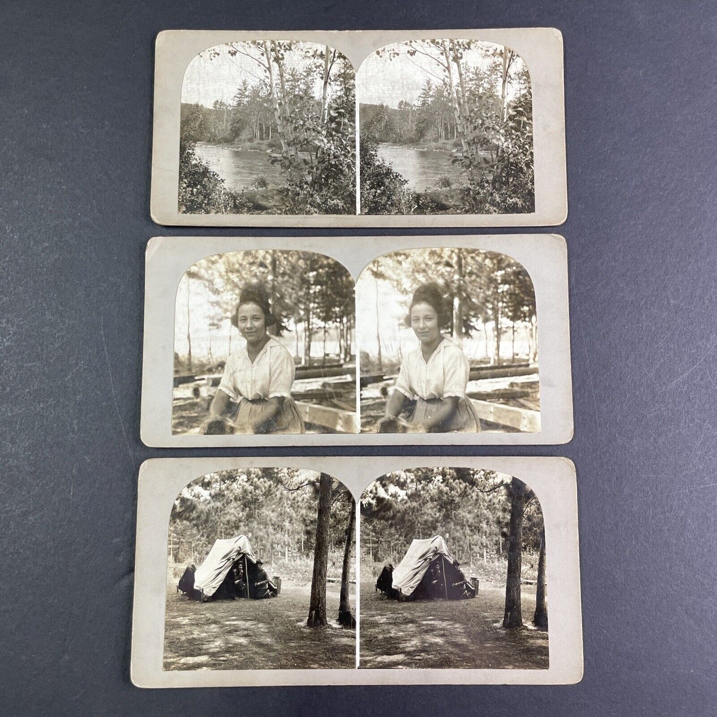 Lot of 3 Bass Lake Village California Stereoviews Camping Antique c1910s X3892