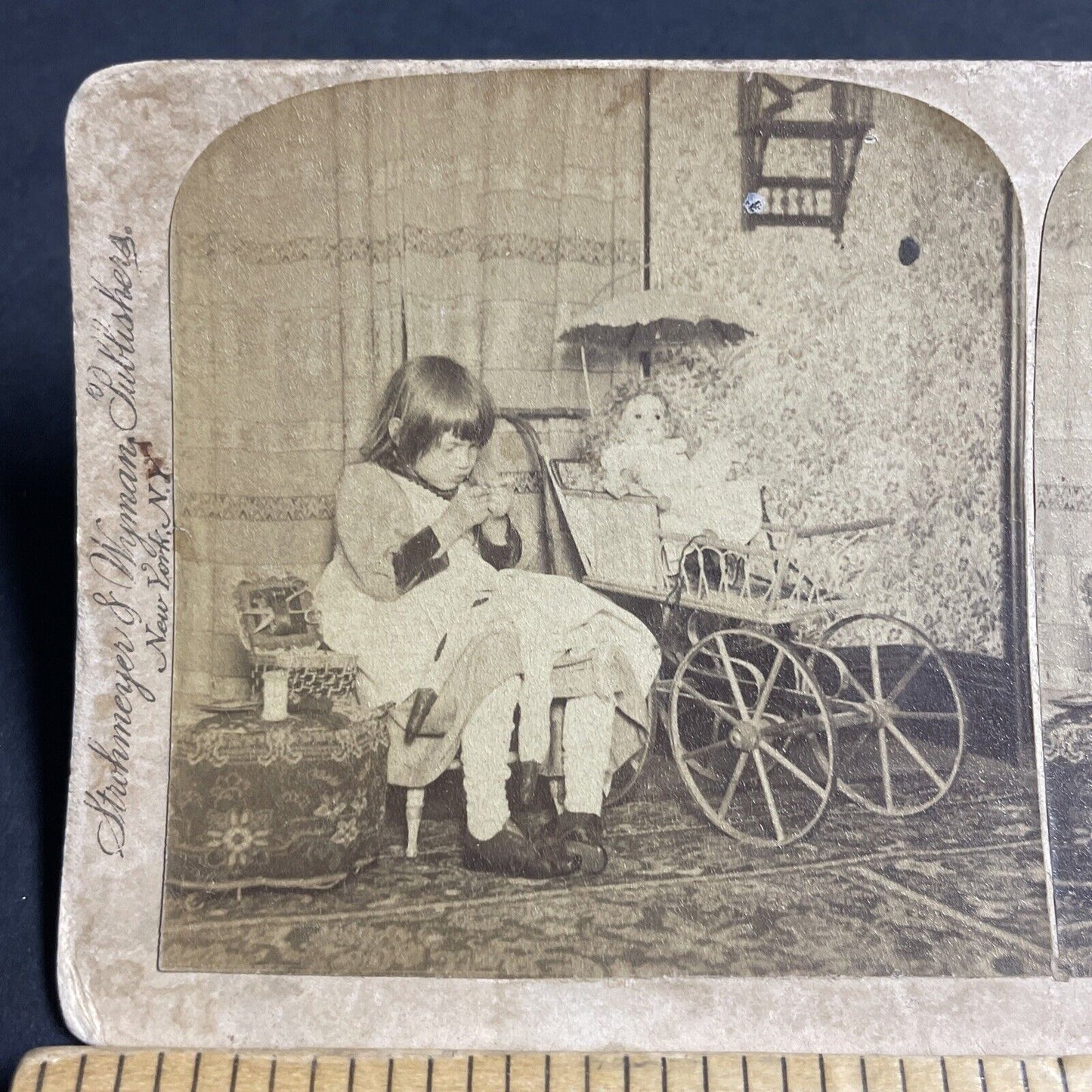 Antique 1893 Child Sews Porcelain Doll Clothes Stereoview Photo Card P4811