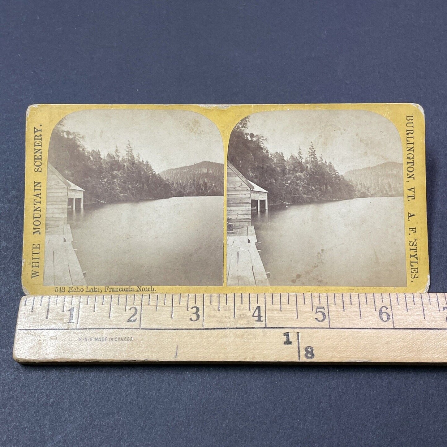 Antique 1870s Echo Lake Boathouse New Hampshire Stereoview Photo Card V1900