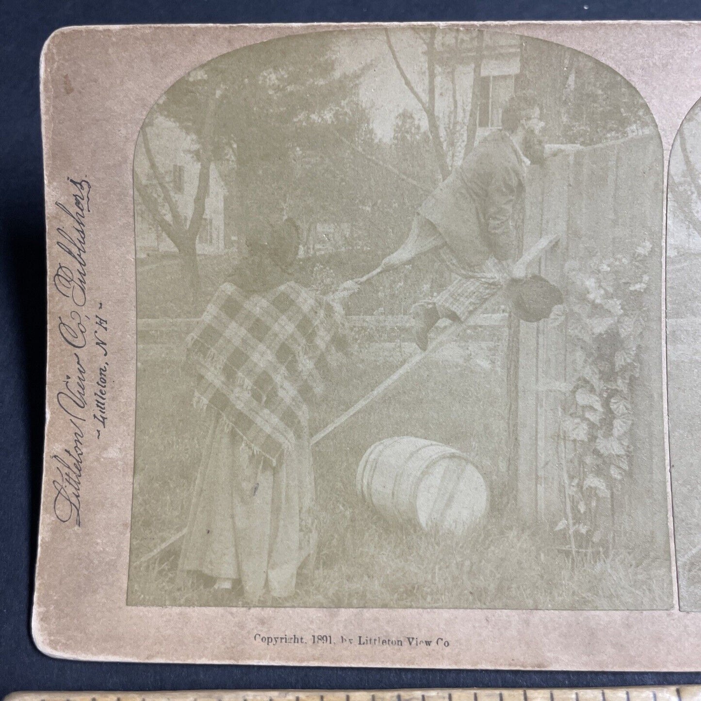 Antique 1891 Man And Woman Try To Climb A Fence Stereoview Photo Card P4665