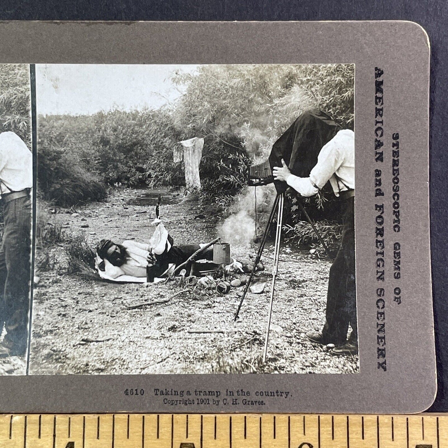 Taking A Stereo Photo Of A Drunk Hobo Stereoview CH Graves Antique c1901 X1894