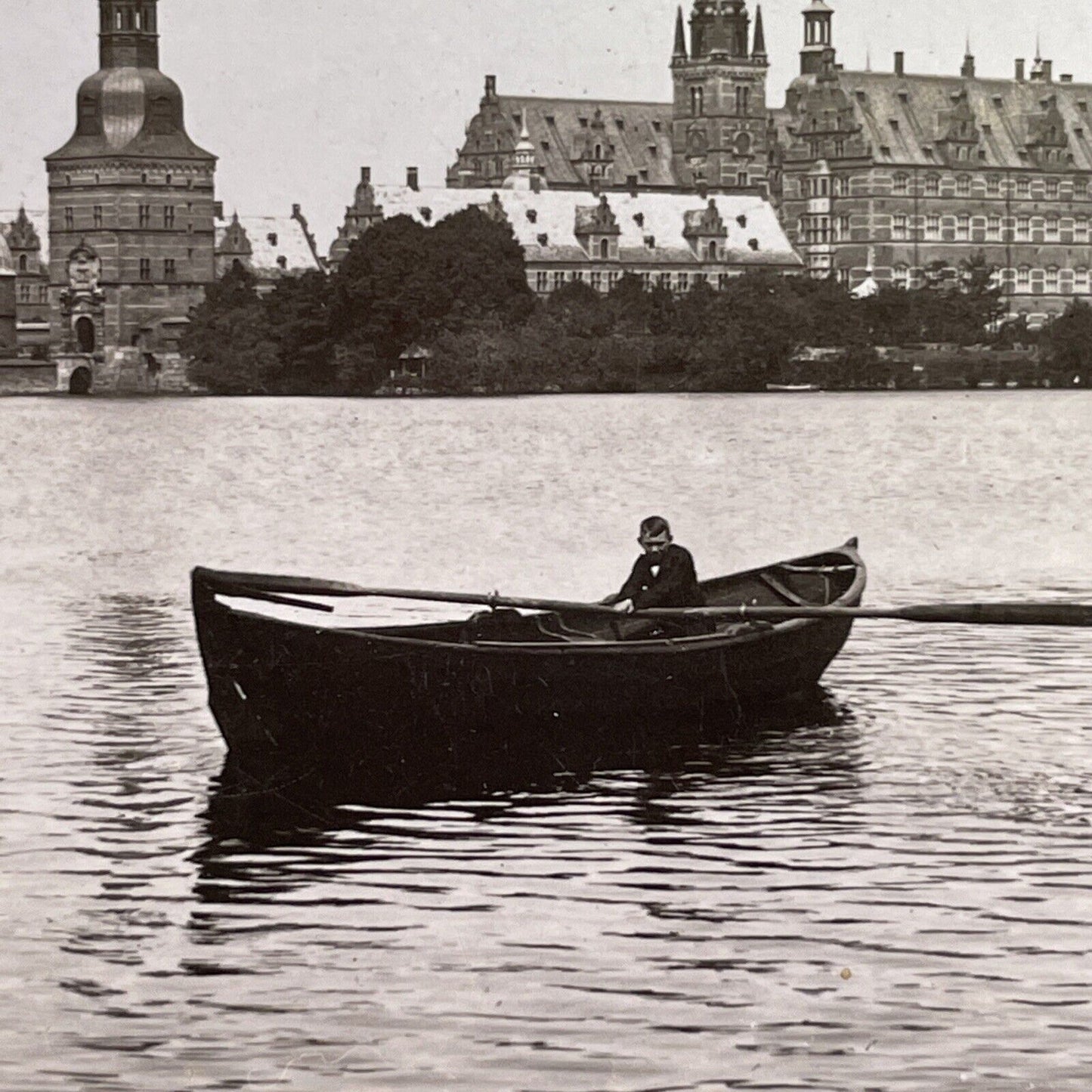 Antique 1902 Boy In Rowboat Lake Slotssoen Denmark Stereoview Photo Card P1306