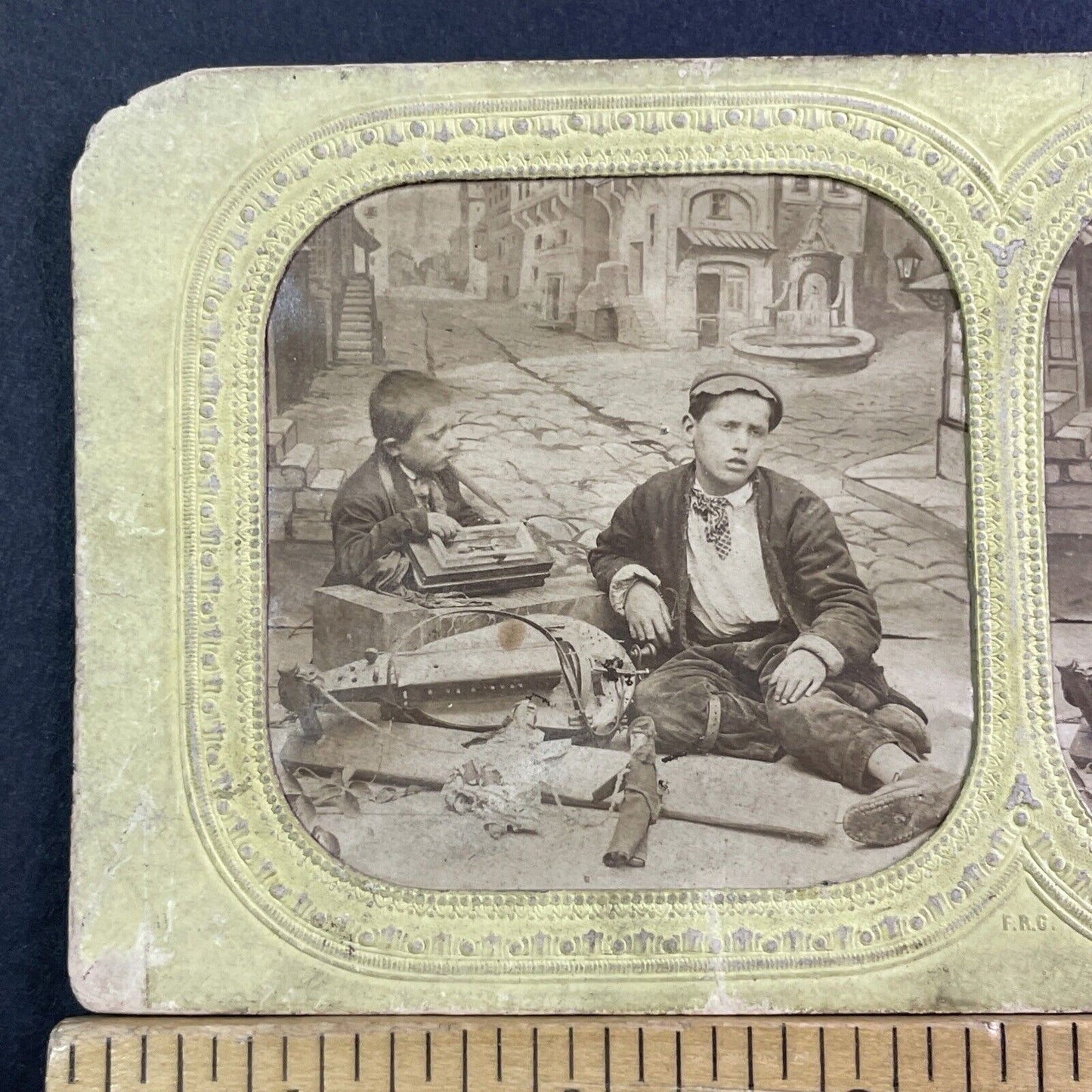 Boys Break A Hand Crank Guitar Stereoview French Tissue Antique c1860s XT2101