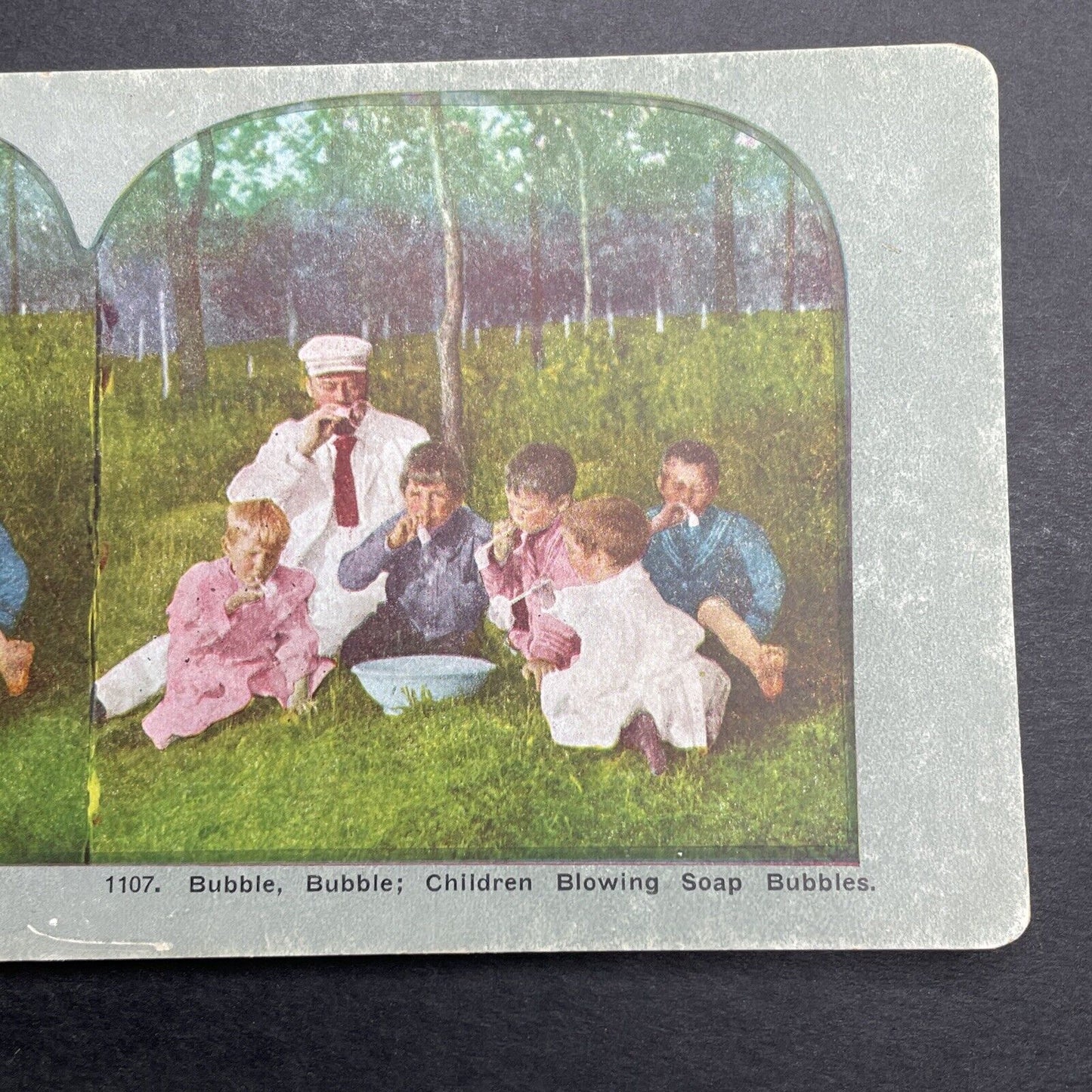 Antique 1892 Blowing Bubbles At A Family Picnic Stereoview Photo Card P1233