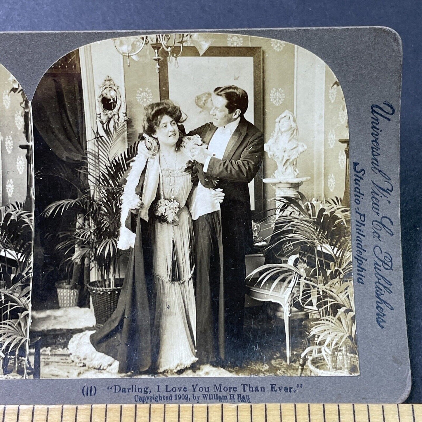 Antique 1902 Man Helps Woman With Coat Stereoview Photo Card P2917