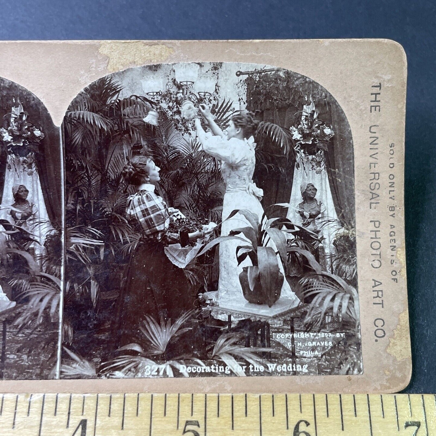 Antique 1897 Victorian Women Decorate For Wedding Stereoview Photo Card P2982
