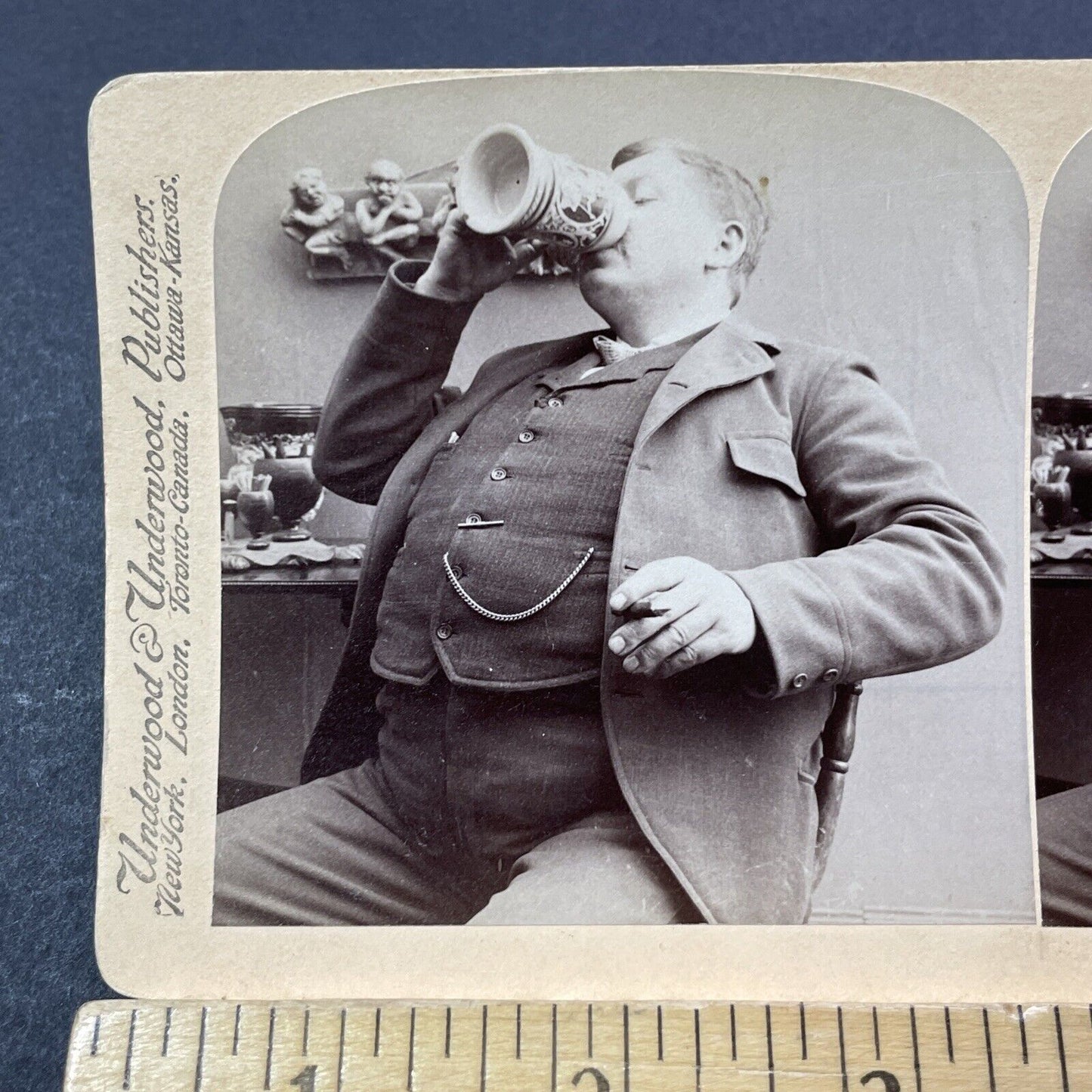 Antique 1901 Man Drinking Beer & Smoking Cigars Stereoview Photo Card V3295