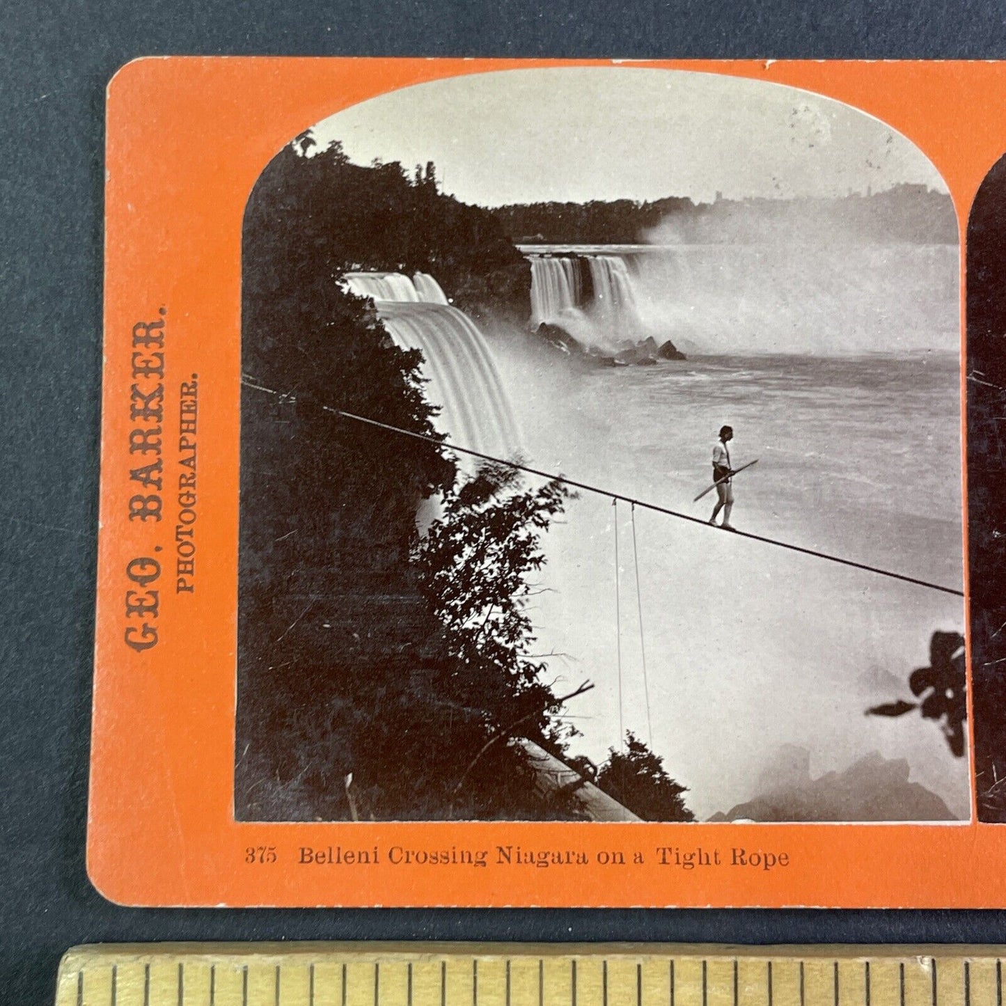 Henry Bellini First Tightrope Walk Niagara Falls Stereoview Antique c1873 Y2280