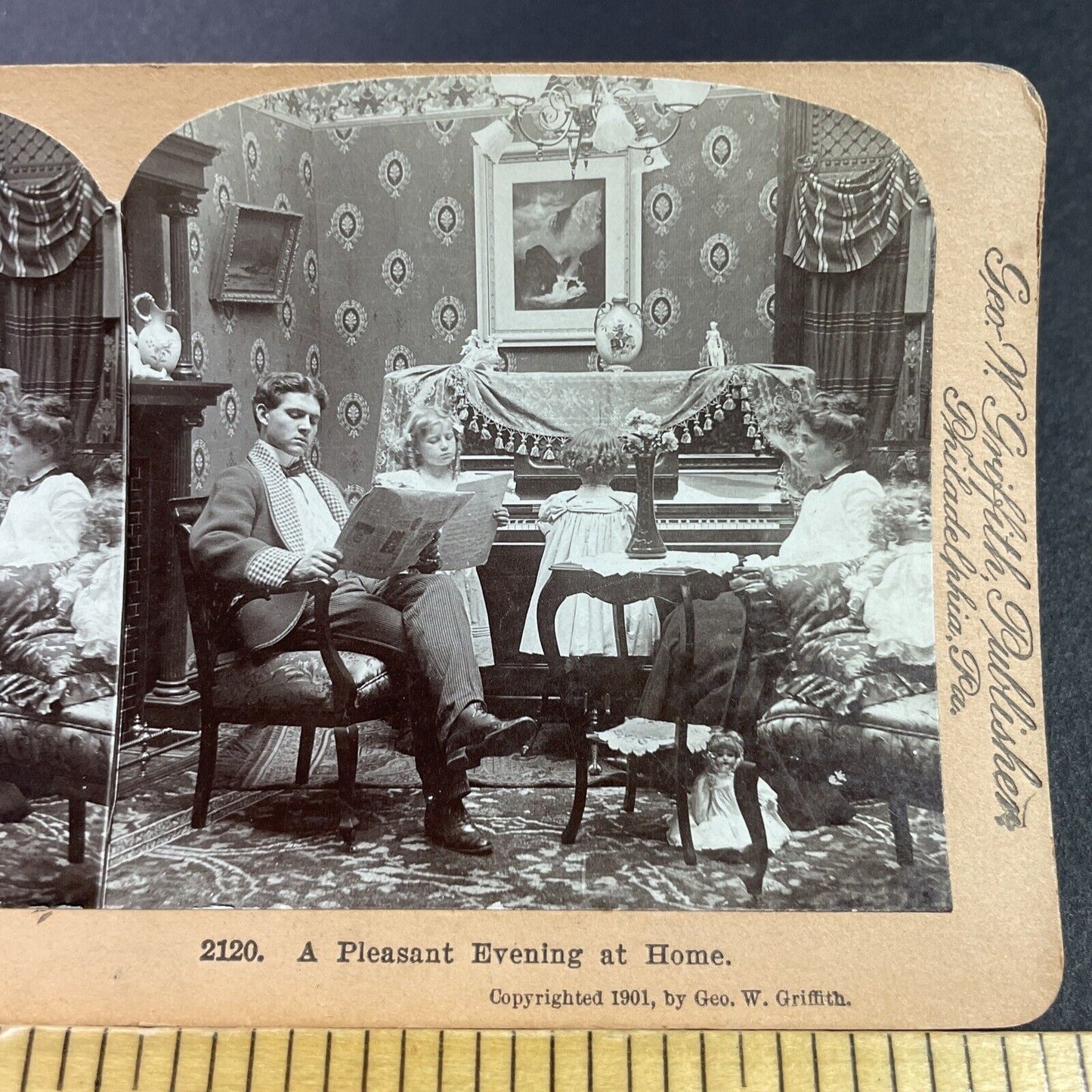 Antique 1901 Family Time In The Piano Parlor Room Stereoview Photo Card P3431