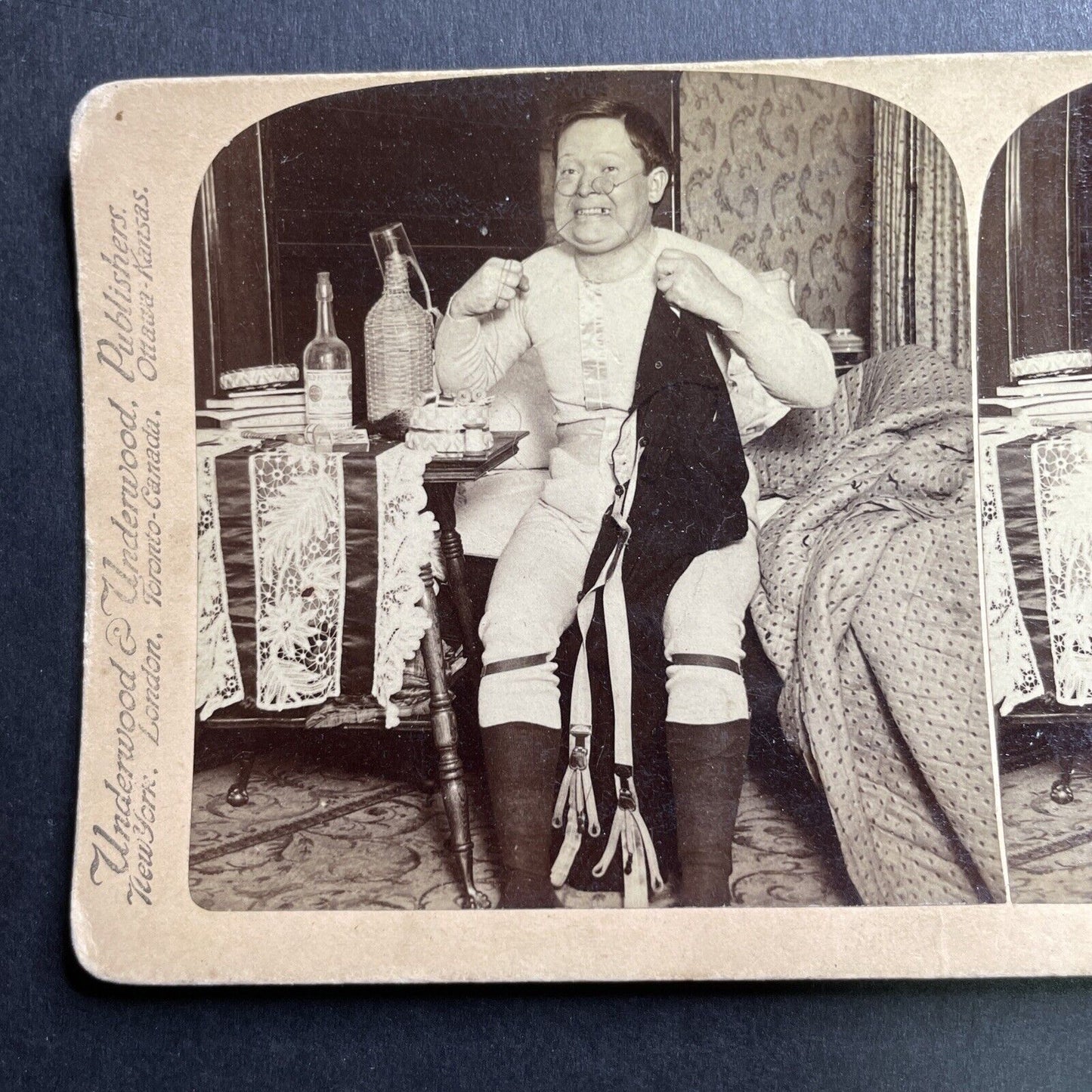 Antique 1897 Drunk Man Flosses Teeth With Pants Stereoview Photo Card P1652