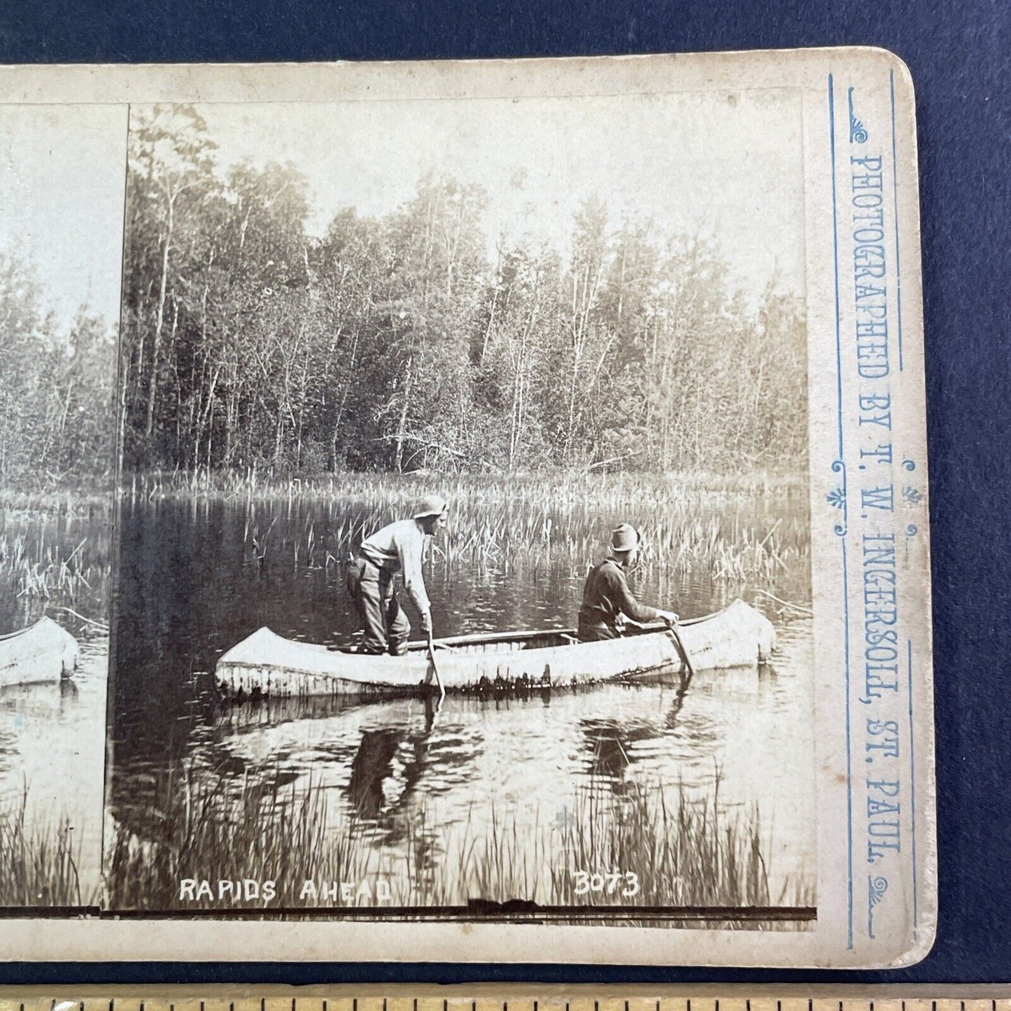 T.W. Ingersoll Self-Portrait in Birch Canoe Stereoview Antique c1888 Y1330