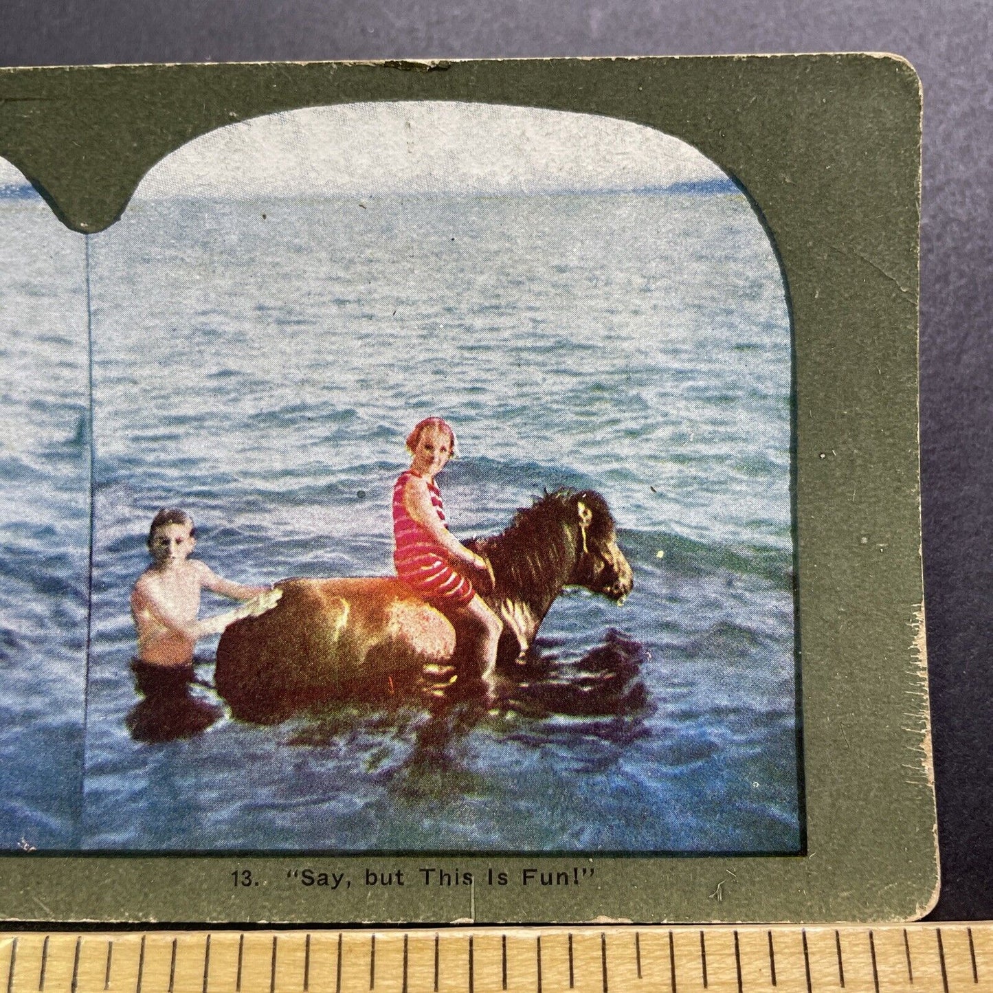 Antique 1905 Children Riding A Pony In A Lake Stereoview Photo Card V3410