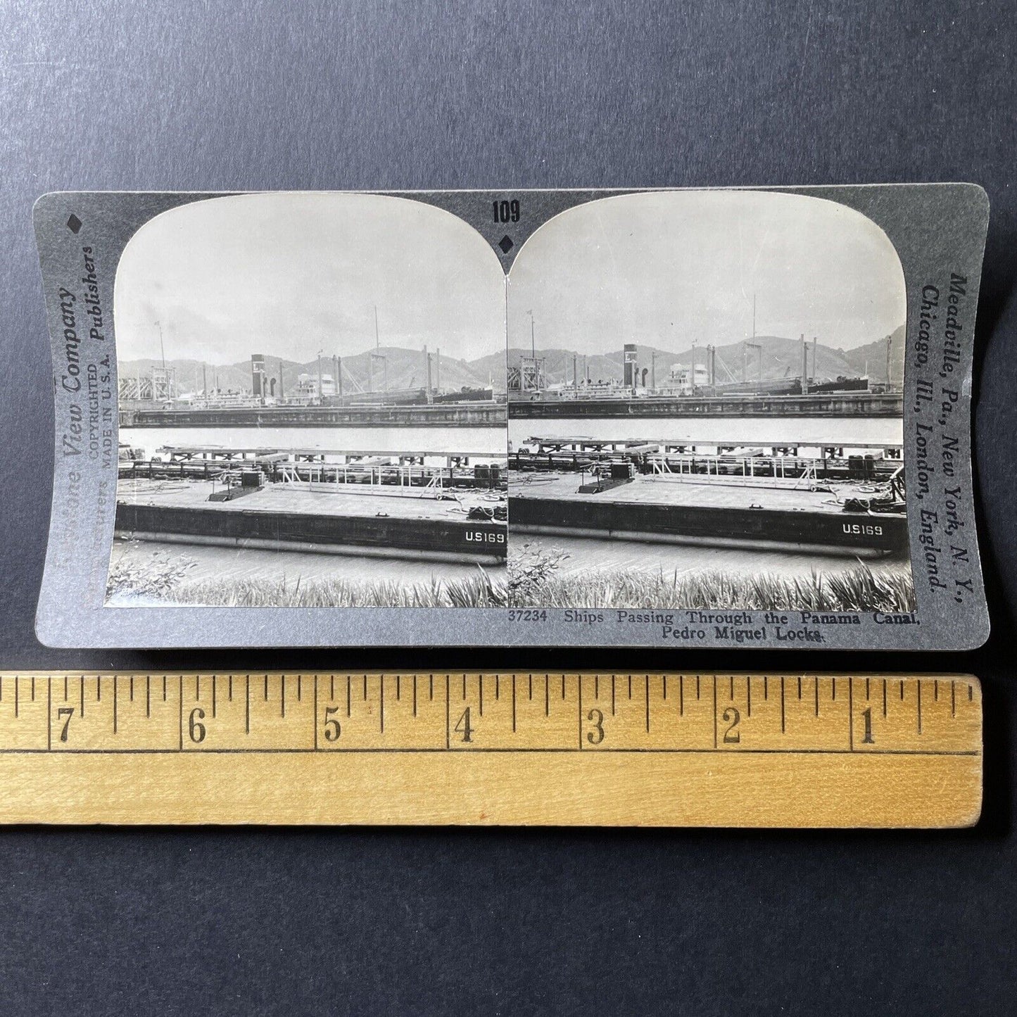 Antique 1940 Ships In The Panama Canal Stereoview Photo Card P1003