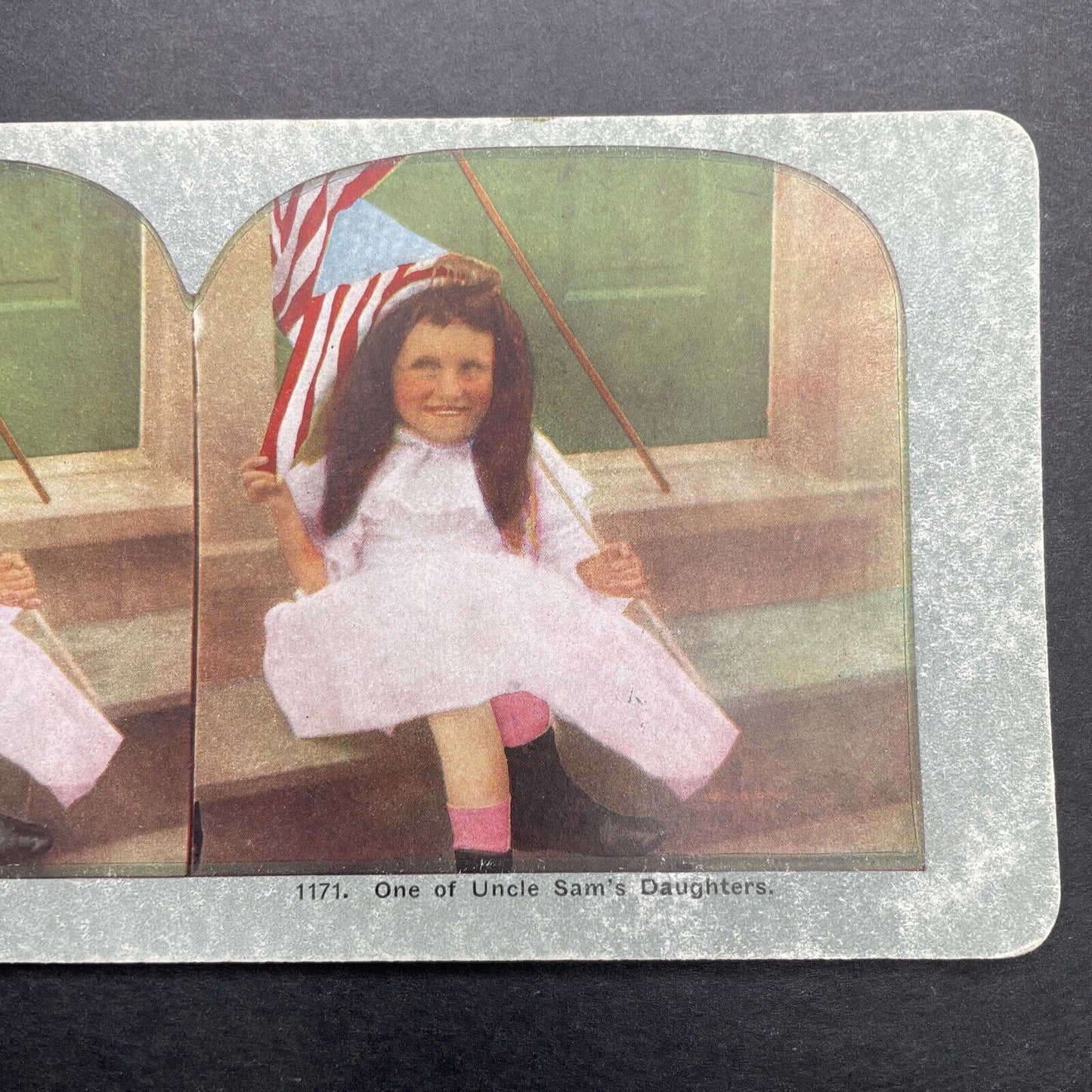 Antique 1899 Little Girl Proud Of Flag And Country Stereoview Photo Card P1259