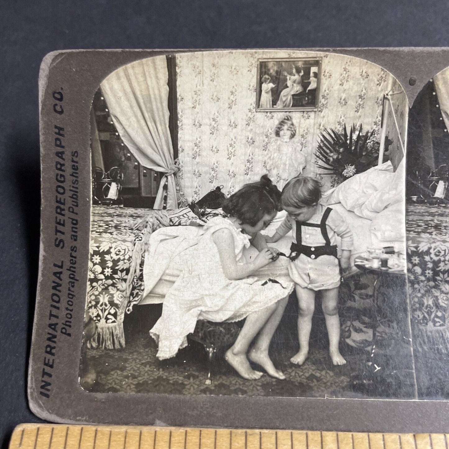 Antique 1906 Girl Fixes Boys Lederhosen Stereoview Photo Card P4291