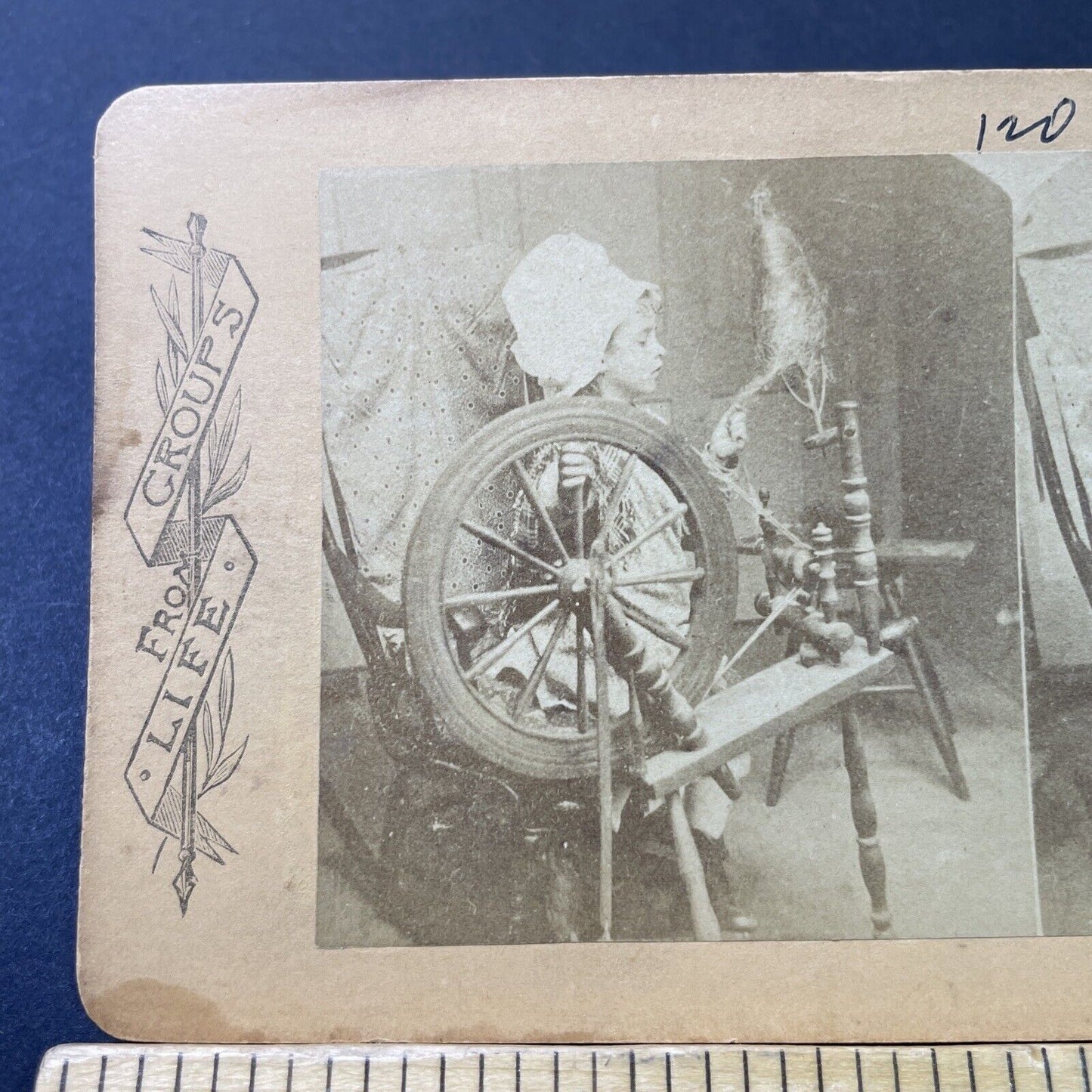 Antique 1870s Girl Spinning Wool Gets Caught Up Stereoview Photo Card P3088