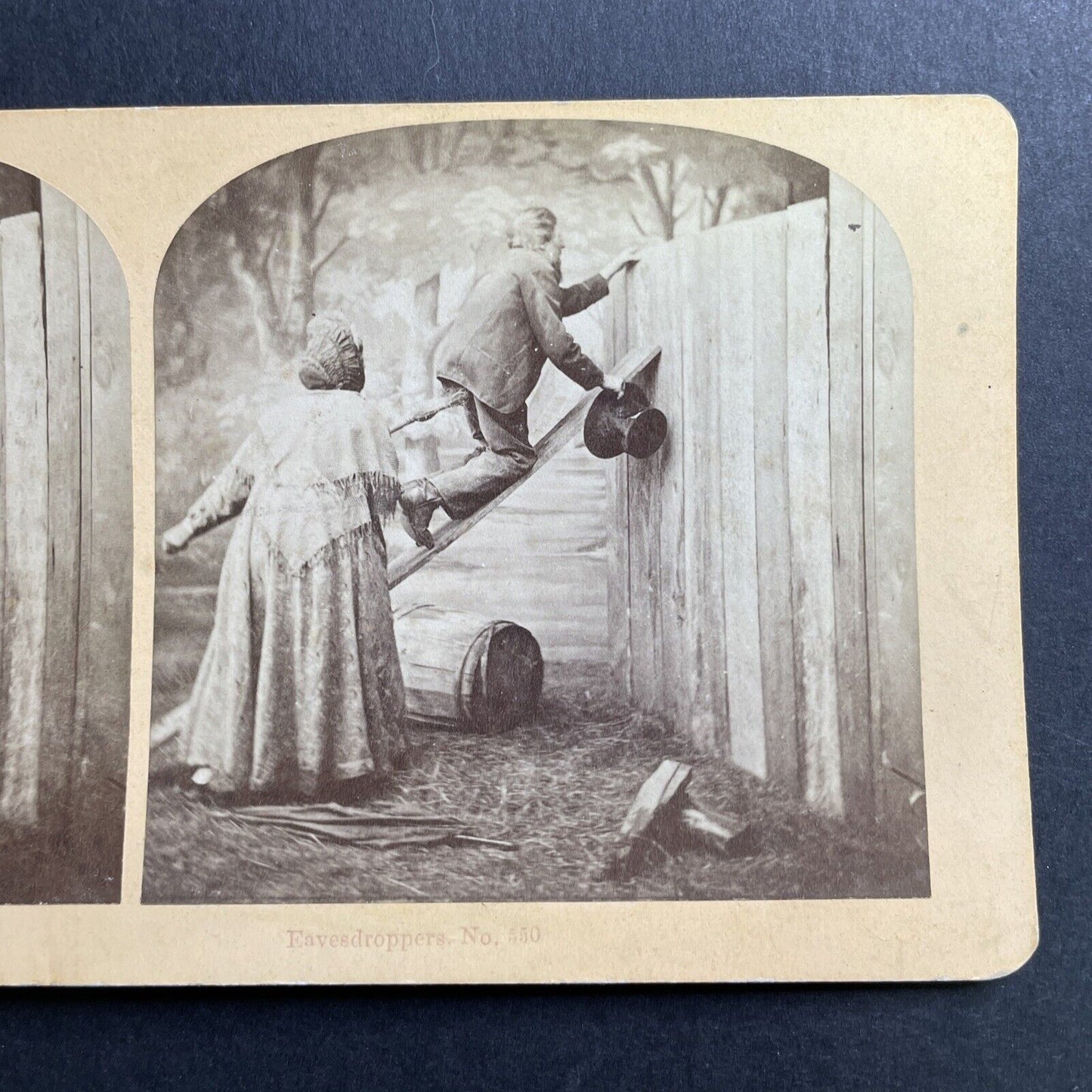 Antique 1875 Husband And Wife Spy On Neighbors Stereoview Photo Card P1648