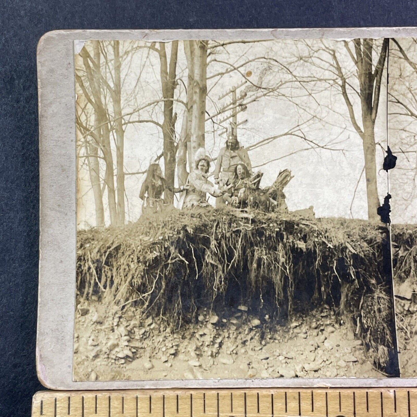 Native American Indian Powwow On Riverbank Stereoview Antique c1880 X2428