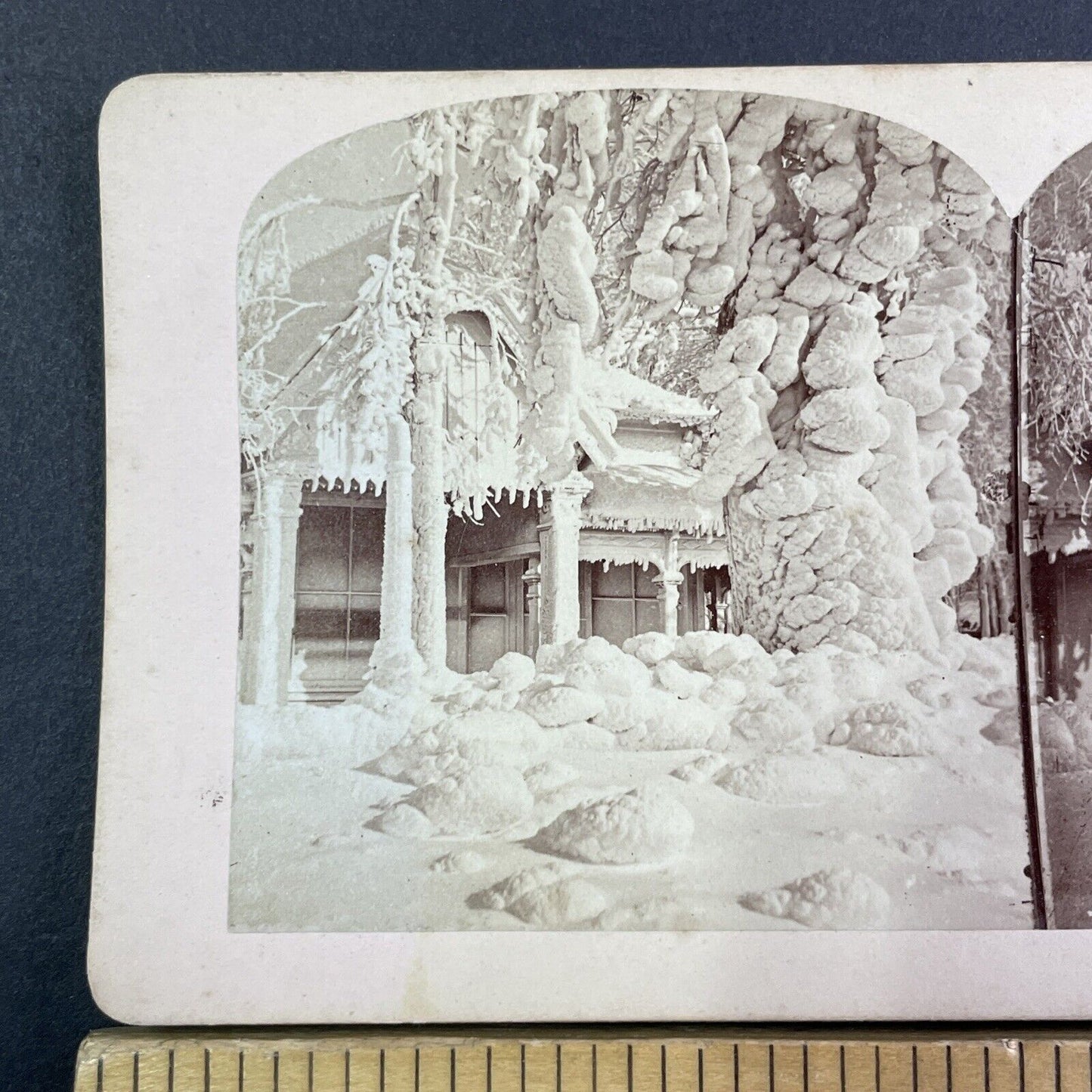 Ornate Cottage Niagara Falls New York Stereoview Snow Covered c1880 Y1302